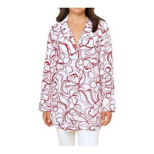 DENNIS BASSO Womens Size Medium Red White Convertible Tunic Button Front Shirt